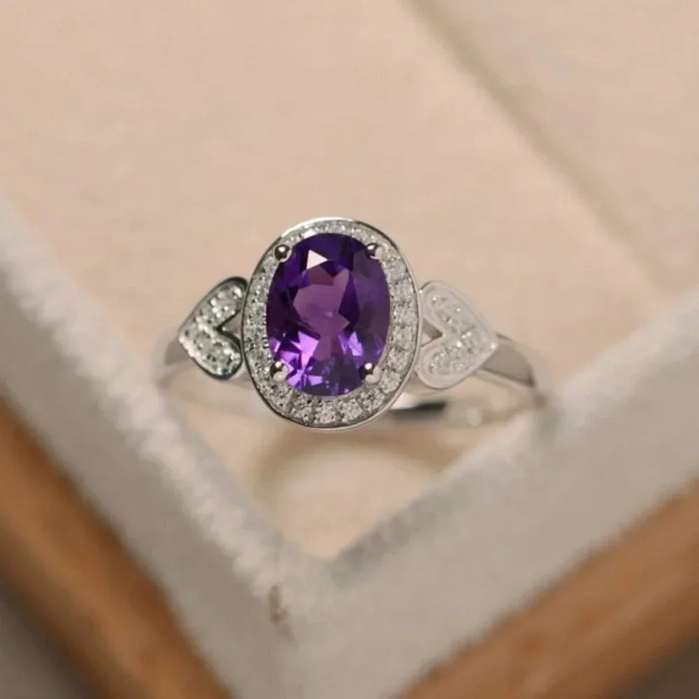 925 Silver Plated Purple Oval Cut CZ Birthstone Ring, FB16FA1135